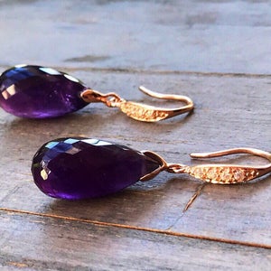 Purple Amethyst earrings. Amethyst dangles.  14k Rose gold pave earrings. Dark purple amethyst.  February birthday gift. Natural gemstone.