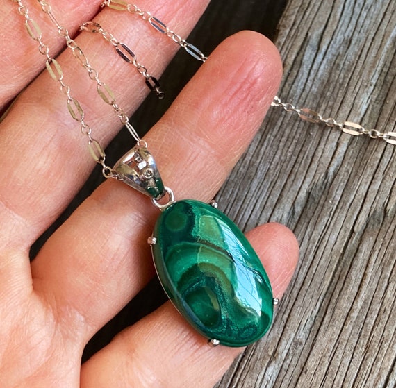 Natural Green Malachite Diamond Pendant Sterling Silver Necklace