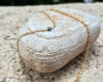 Tiny Blue Diamond Gold pendant Necklace. April Birthstone. Raw diamond pendant. Small diamond jewelry