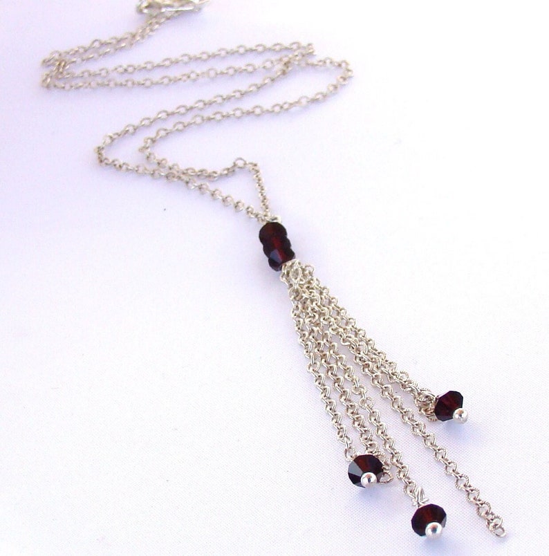 Sterling silver Y necklace. Swarovski tassels. Garnet crystals. Delicate jewelry. Birthstone jewelry. Ss chains image 3