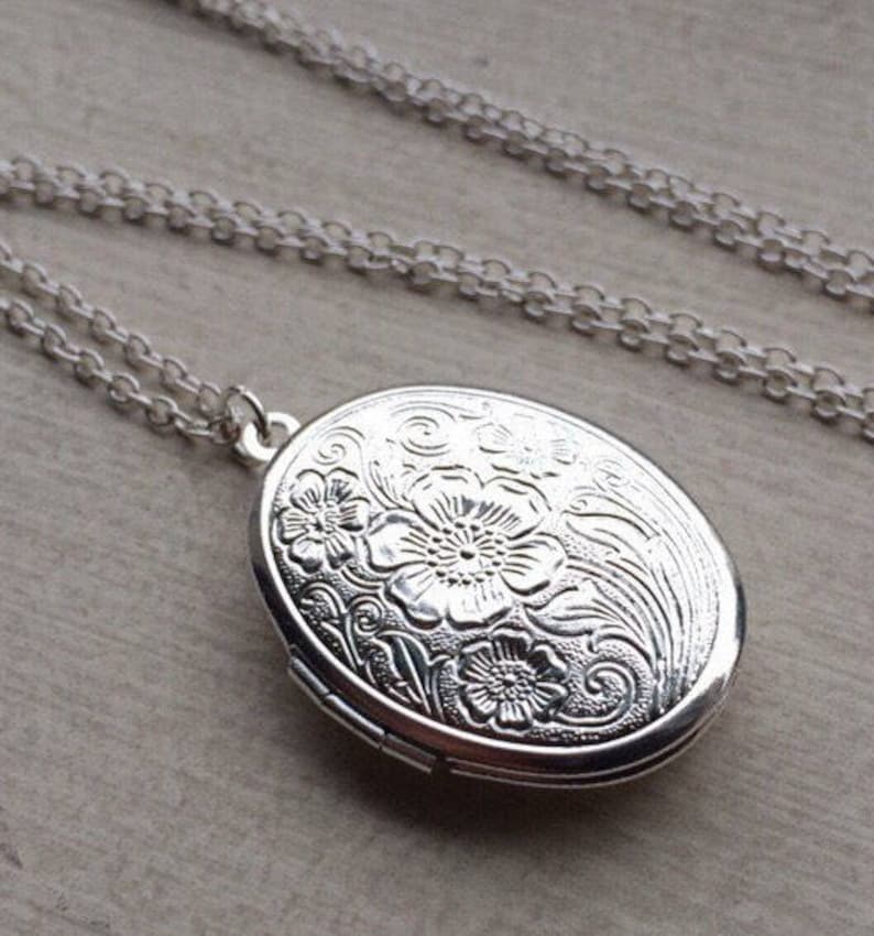 SALE Silver Locket Necklace Oval Locket. Long Chain Necklace. Etsy