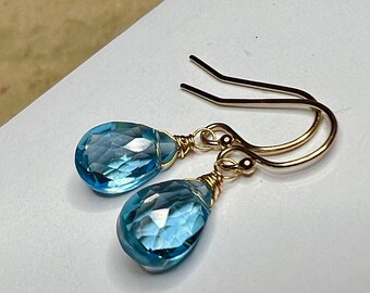 Natural sky Blue Topaz Quartz earrings, petite drops, 14k gold fill, December birthsone jewelry