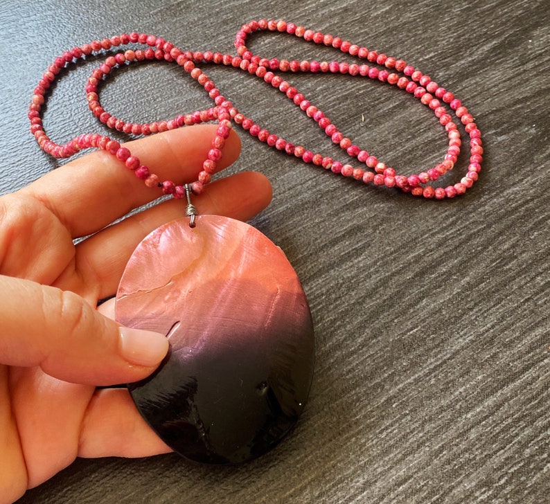 pink orange gemstone. one of a kind statement Coral 32\u201d long necklace beaded Mala Abalone shell pendant jewelry