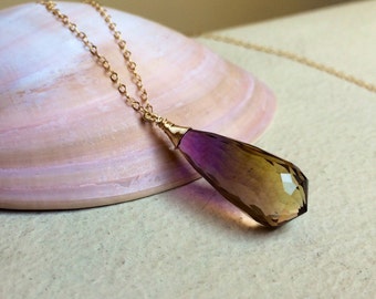 Sale big Bolivian Ametrine pendant.  Ametrine necklace.  Purple yellow.  Gemstone jewelry.  Wire wrapped. Gold fill- Rose gold - Sterling