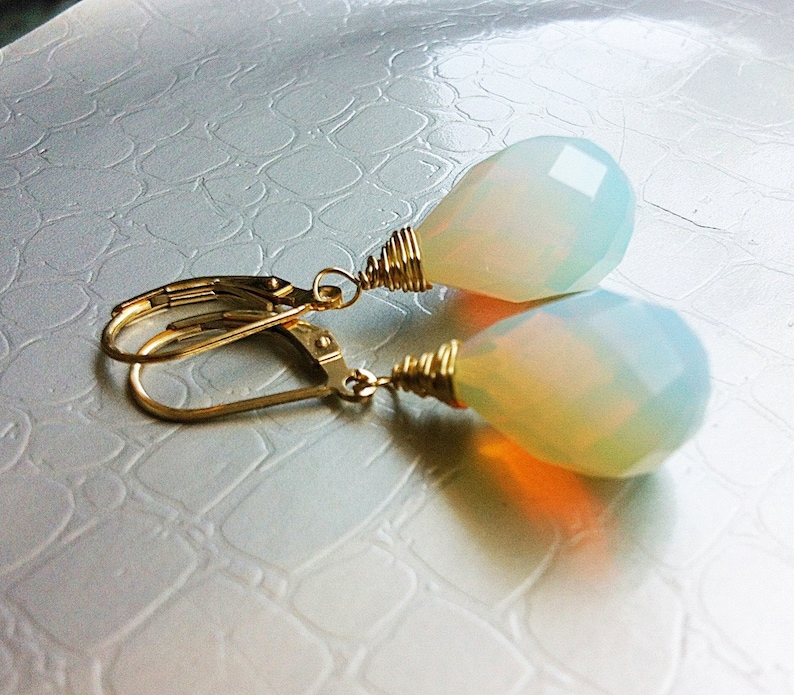 Petite Opaline Moonstone Earrings. Opal dangles. White Opalite drops. 14k Gold fill-Sterling Silver-Rose goldfill-Tarnished Silver image 2