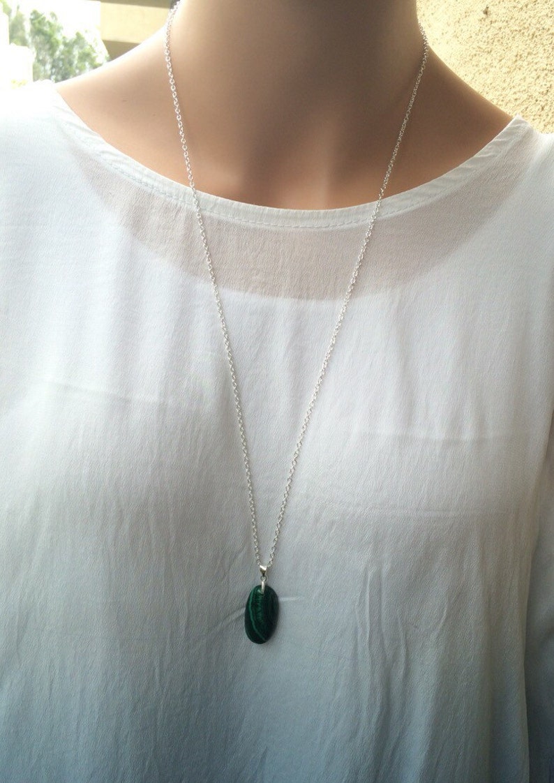oval solitaire. Natural Green Malachite pendant sterling silver necklace gemstone jewelry
