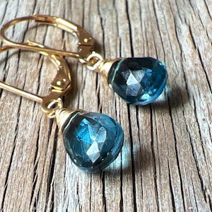Petite London Blue Topaz earrings, small dangles, 14k gold fill drops, tiny blue gems, December birthstone, birthday gift, something blue.