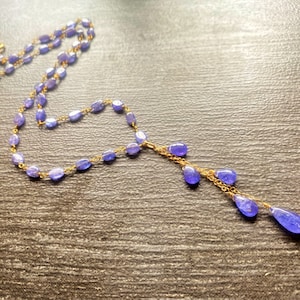 Tanzanite stone gold Y necklace, periwinkle jewelry, natural gemstone, Purple blue. One of a kind gift.