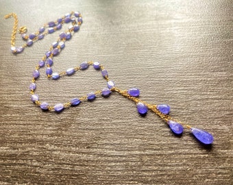 Tanzanite stone gold Y necklace, periwinkle jewelry, natural gemstone, Purple blue. One of a kind gift.