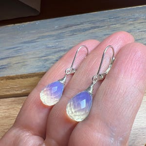 Opaline Earrings, Moonstone Opalite dangles, petite drops, sterling silver jewelry, every day style.