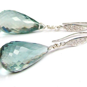 Aquamarine earrings, luxury jewelry, blue green aqua dangles, statement earrings, sterling silver pave image 1