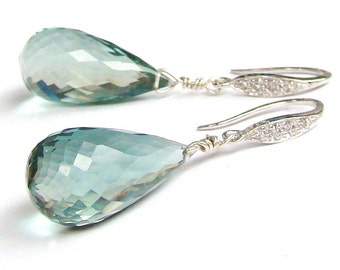 Aquamarine earrings, luxury jewelry, blue green aqua dangles, statement earrings, sterling silver pave