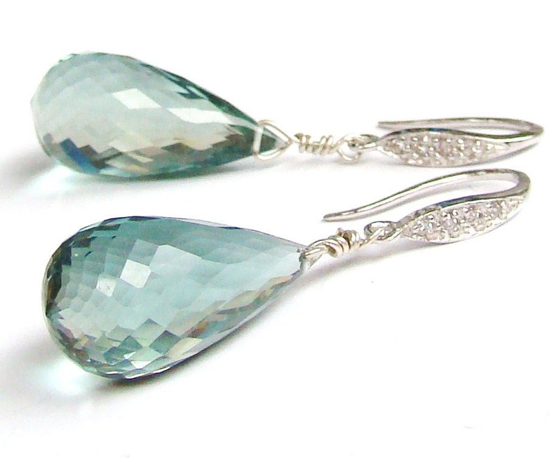 Aquamarine earrings, luxury jewelry, blue green aqua dangles, statement earrings, sterling silver pave image 1