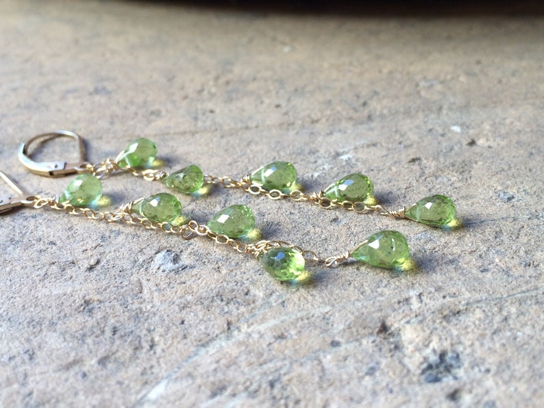 14k gold Natural Green Peridot Cascade Earrings, long chains, August birthstone jewelry, delicate dangles, Leo birthday image 2