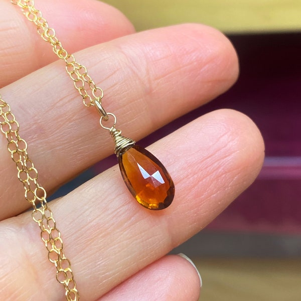 Natural Madeira Citrine pendant, 14k gold chain Necklace, genuine precious stone drop.  November birthstone.  Minimalist