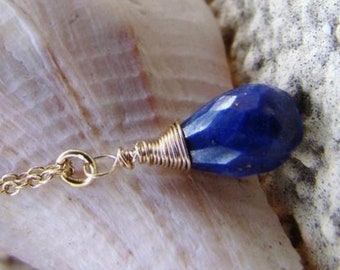 Natural Lapis Lazuli pendant 14k gold Necklace.  Blue lapis jewelry.  Tiny lapis teardrop.  Bridesmaids gifts.