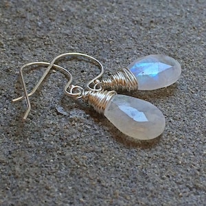 Sale natural rainbow Moonstone earrings, white blue stone, small dangles, sterling silver drops, gemstone jewelry, June birthstone gift.