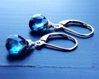 Tiny London Blue Topaz Earings, royal blue dangles. Bridesmaid jewelry. Natural gemstone. Sterling silver, Gold fill, Rose gold