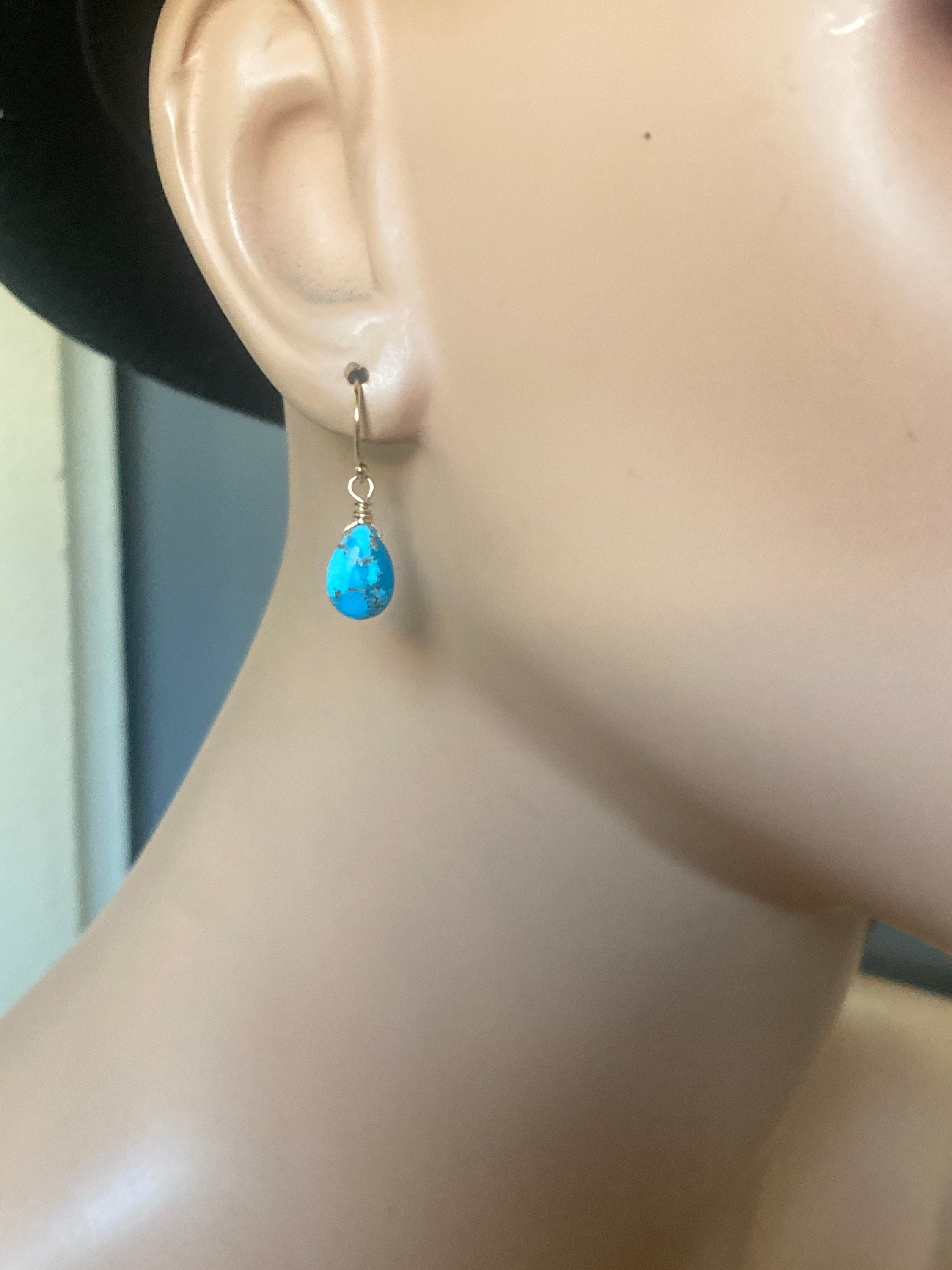 Orecchini A Goccia Pendenti, Placcati Oro Con Turchese Blu, Chiusura Leverback, Fatti A Mano UK
