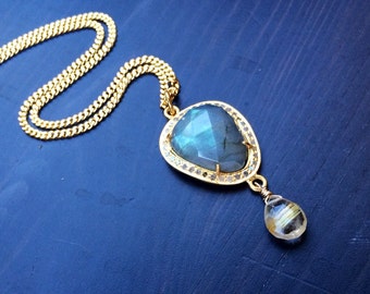 Labradorite Diamond Gold Vermeil Necklace: Rutile Quartz Pendant