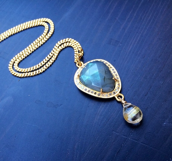 Labradorite Diamond Gold Vermeil Necklace: Rutile Quartz Pendant