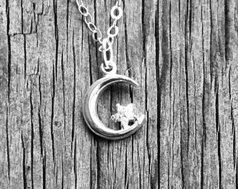 Tiny CZ crescent star pendant Sterling Silver charm necklace, moon dainty delicate jewelry.