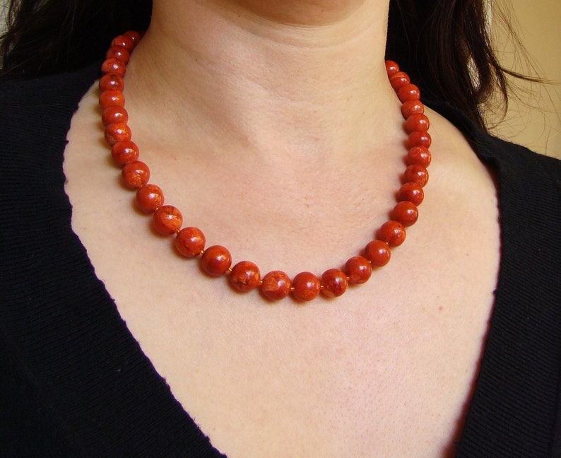 Natural Red Brown Corals Necklace, beaded gemstone jewelry, bamboo corals. Gift for her. image 1