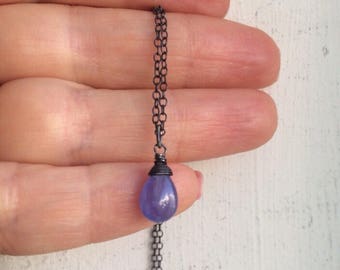 Periwinkle Tanzanite pendant Stone necklace.  Blue purple Genuine Tanzanite choker.  Oxidized silver, gold, rose gold chain