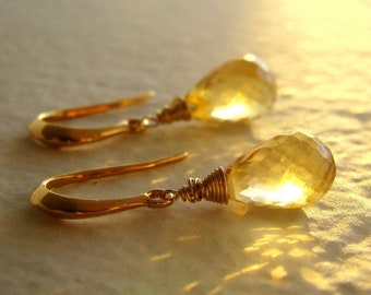 Sale tiny Citrine Stone earrings.  Light Yellow dangles.  Tiny citrine drops.  Gold jewelry.  October birthstone.