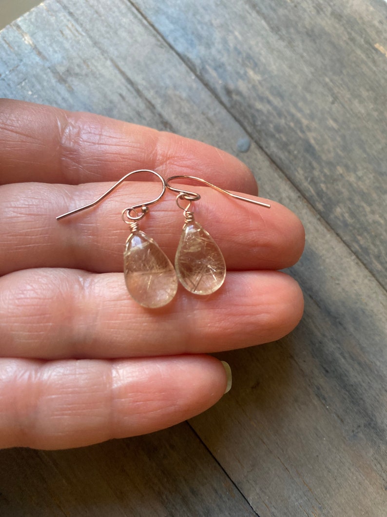 Golden Rutilated Quartz Earrings, smooth petite rutile Quartz dangles. Gold drops. Yellow. Gemstone earrings. Leverbacks. image 7