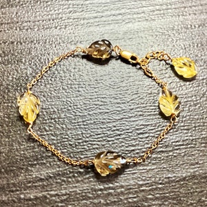 Citrine Smoky Topaz Bracelet: 14k Gold Fill, Carved Leaf Gemstone Jewelry
