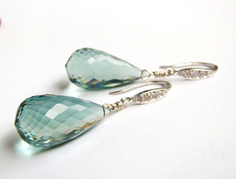 Aquamarine earrings, luxury jewelry, blue green aqua dangles, statement earrings, sterling silver pave image 2