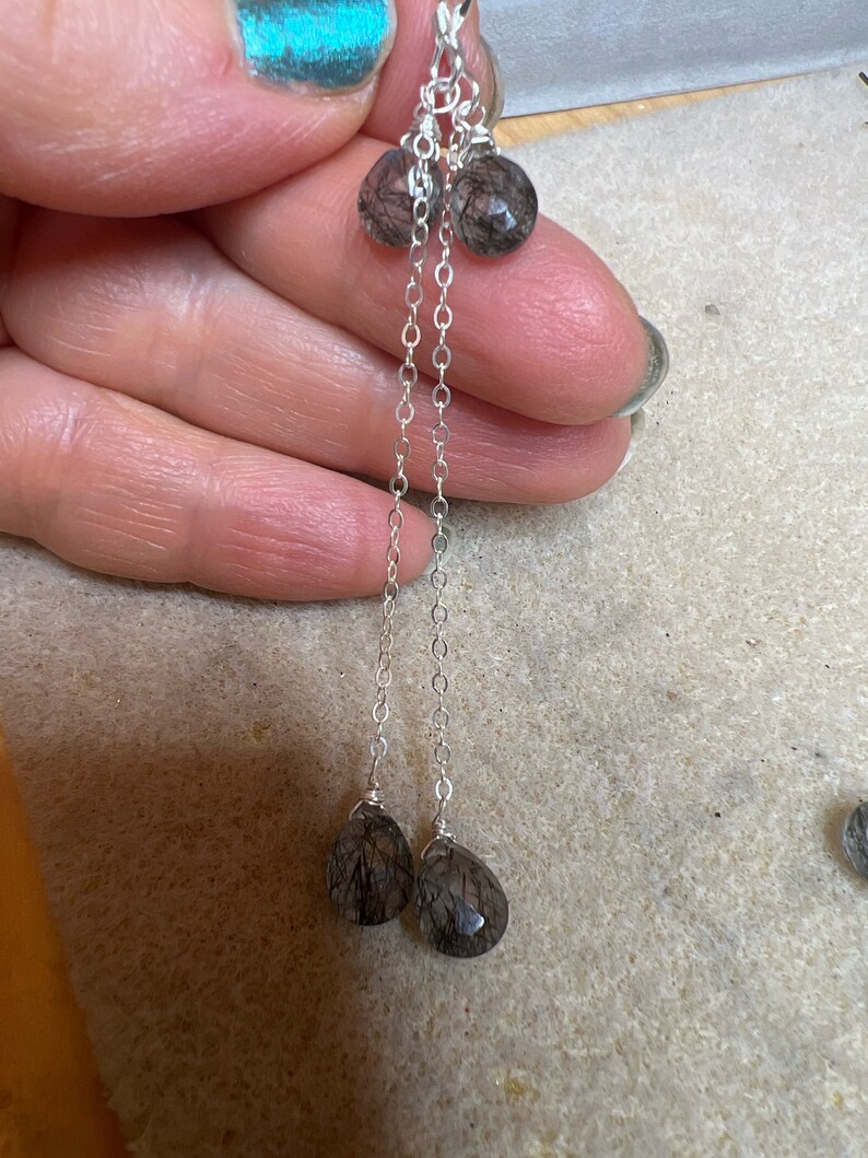 Black tourmalated Quartz earrings. Rutile dangles, long sterling silver. Natural gemstone drops. image 4