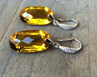 Luxury Lemon Quartz Dangle Earrings: Sterling Silver Pave, 42 Carat