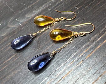 14k gold Citrine, Tanzanite quartz Cascade Earrings, yellow, blue teardrop, wire wrapped jewelry