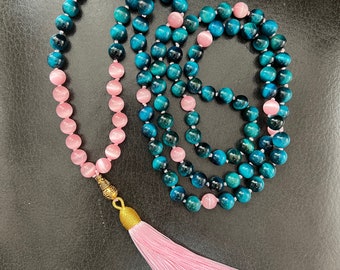 Blue Pink Cat’s eye stone Mala necklace, kundalini yoga jewelry, 108 prayer beads, bohemian jewelry, beautiful tassel.