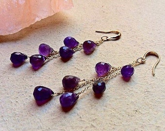 14k gold Purple Amethyst gems Cascade Earrings.  February birthstone.  Bridal jewelry.  Dark purple amethysts.  Gold, Rose Gold or Silver.