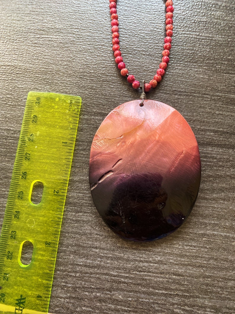 pink orange gemstone. one of a kind statement Coral 32\u201d long necklace beaded Mala Abalone shell pendant jewelry