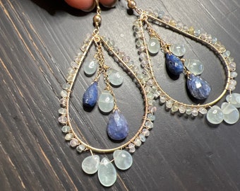 14k Gold fill Chandeliers with Blue Aquamarine, Sapphire stones, wire wrapped, statement jewelry, natural gemstones