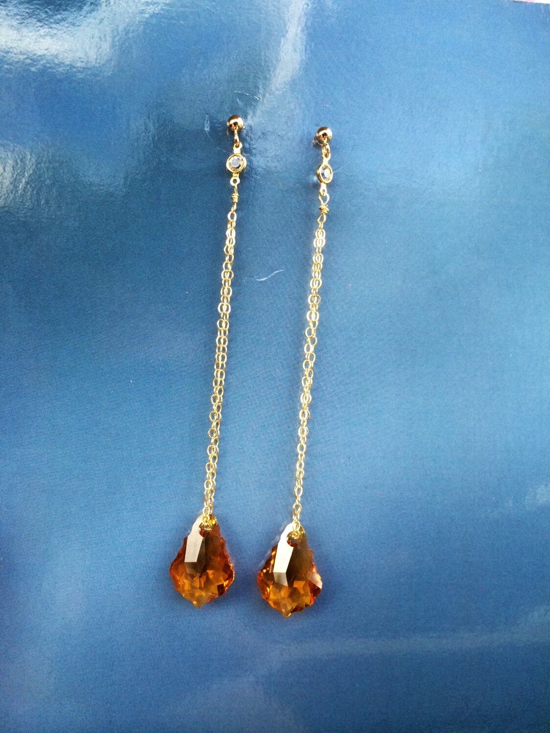 Swarovski Crystal Topaz Long Gold Earrings | Etsy