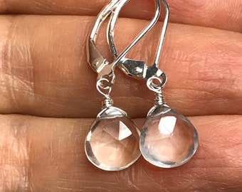 Natural clear Rock Quartz stone earrings,  everyday dangles, minimalist jewelry, sterling silver.
