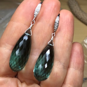 Aquamarine earrings, luxury jewelry, blue green aqua dangles, statement earrings, sterling silver pave image 9