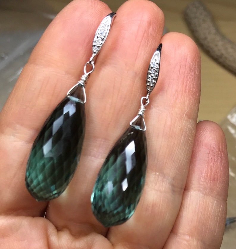 Aquamarine earrings, luxury jewelry, blue green aqua dangles, statement earrings, sterling silver pave image 9