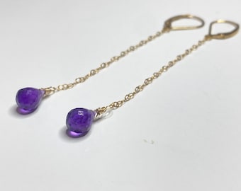 Brincos pendentes de ametista: ouro 14k, pedra do mês de fevereiro