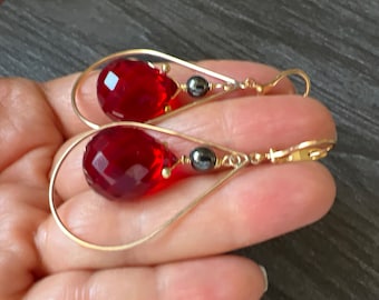 Red Topaz Quartz, Hematite Earrings, 14k gold fill chandeliers, Ruby red dangles.  Statement, one of a kind jewelry.