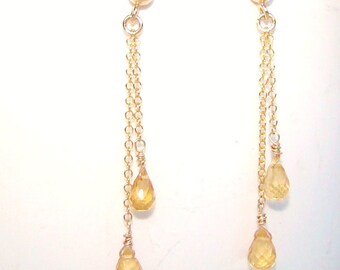 Citrine Earrings. Wire Wrapped. Gold Chain Earrings. Yellow dangles. Citrine earrings. November Birthstone