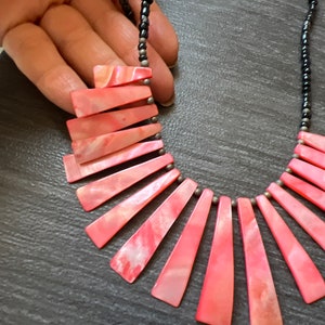 Bib Pink Black Mother of Pearl Necklace, One of a kind, Beaded Strand, Statement, Summer Jewelry, Unique And One of a Kind Design, For Woman