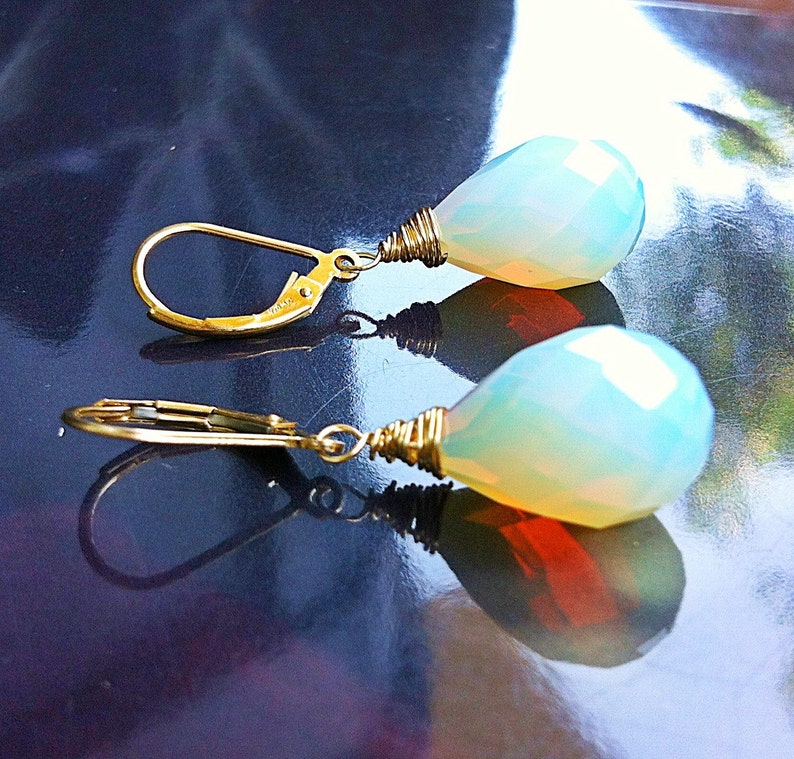 Petite Opaline Moonstone Earrings. Opal dangles. White Opalite drops. 14k Gold fill-Sterling Silver-Rose goldfill-Tarnished Silver image 3