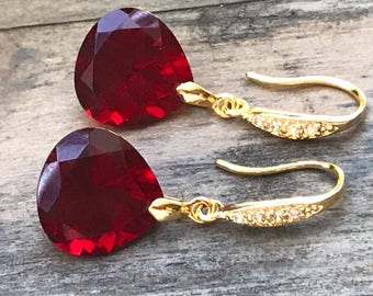 Burgundy Garnet gold pave earrings. Heart cut garnets. Red stone jewelry. Red garnet dangles. Dark red garnet drops. Junuary birthstone.