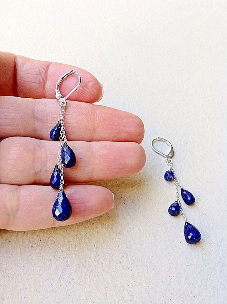 Dark Blue Sapphire stone .925 silver cascade earrings, September birthstone, Virgo jewelry, gemstone earrings. Gold available. image 5
